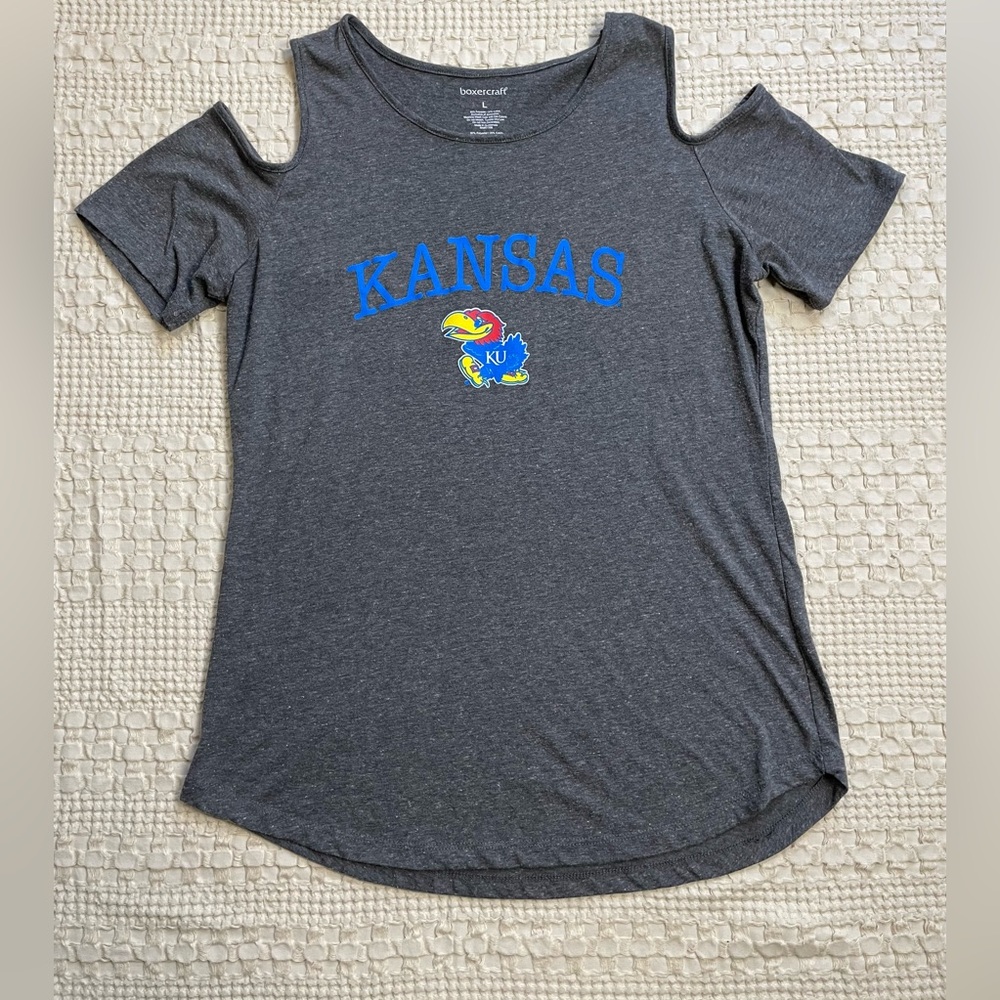 Womens Boxercraft University of‎ Kansas Jayhawks Cold Shoulder Tee Gray Large